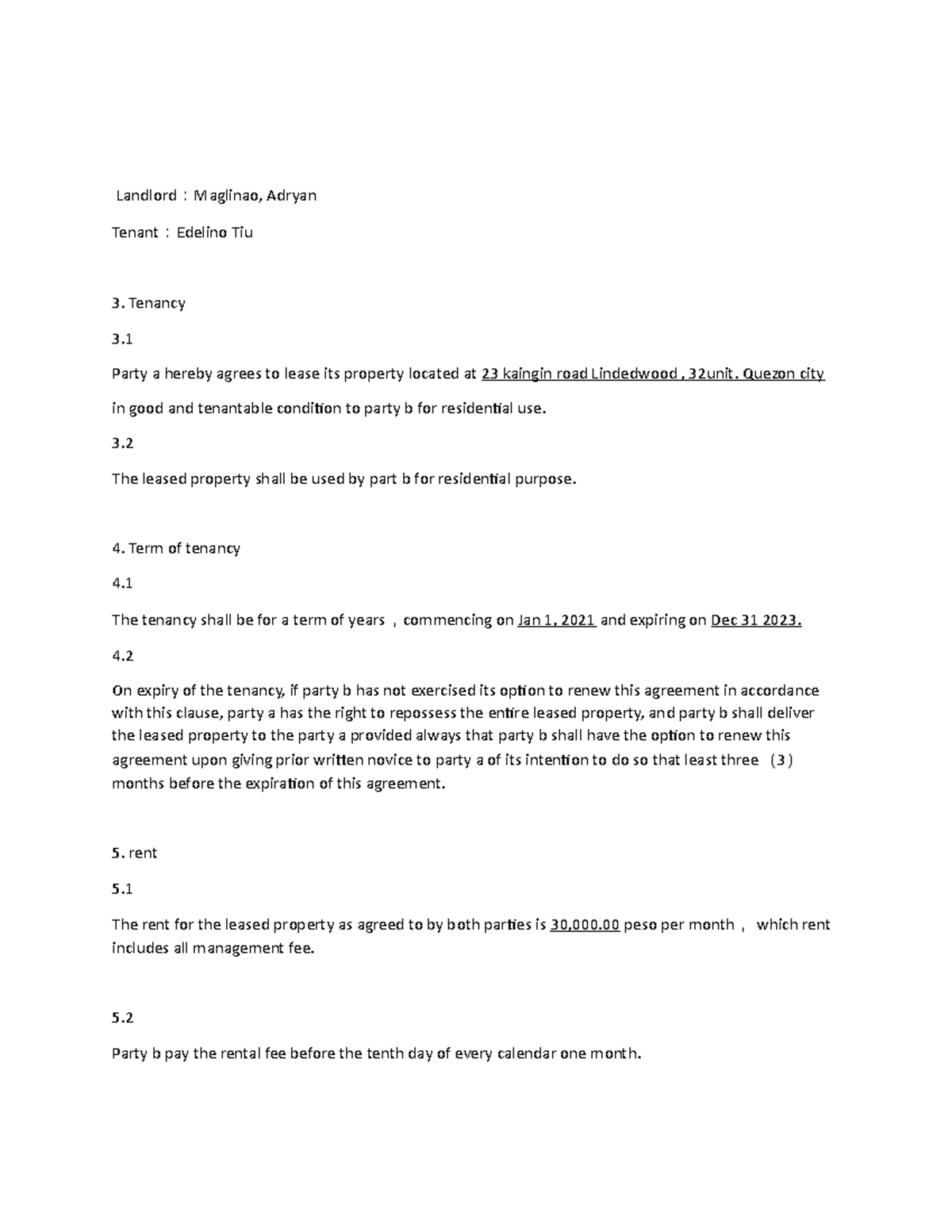 Landlord - homework - Landlord：Maglinao, Adryan Tenant：Edelino Tiu ...