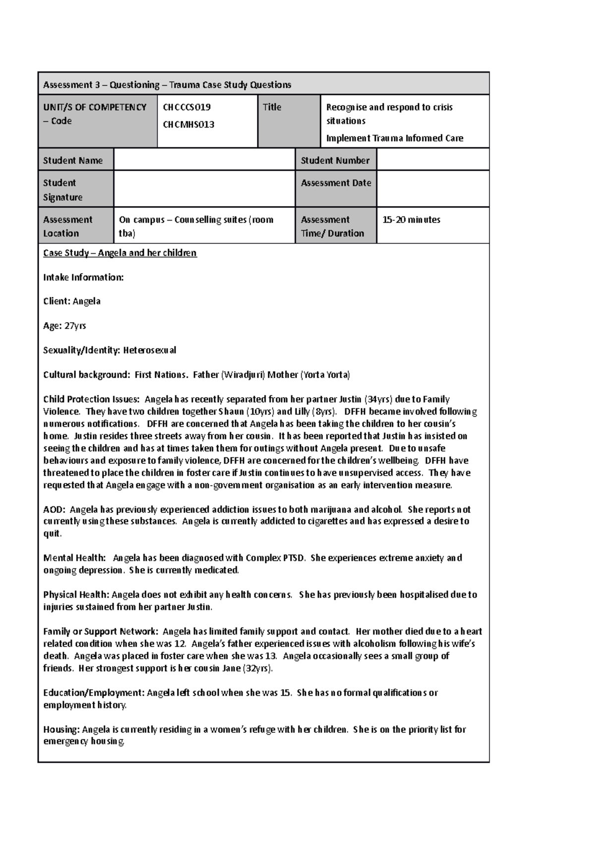 Trauma Assessment 3 (not Complete) - Unit S Of Competency Code Chcccs 