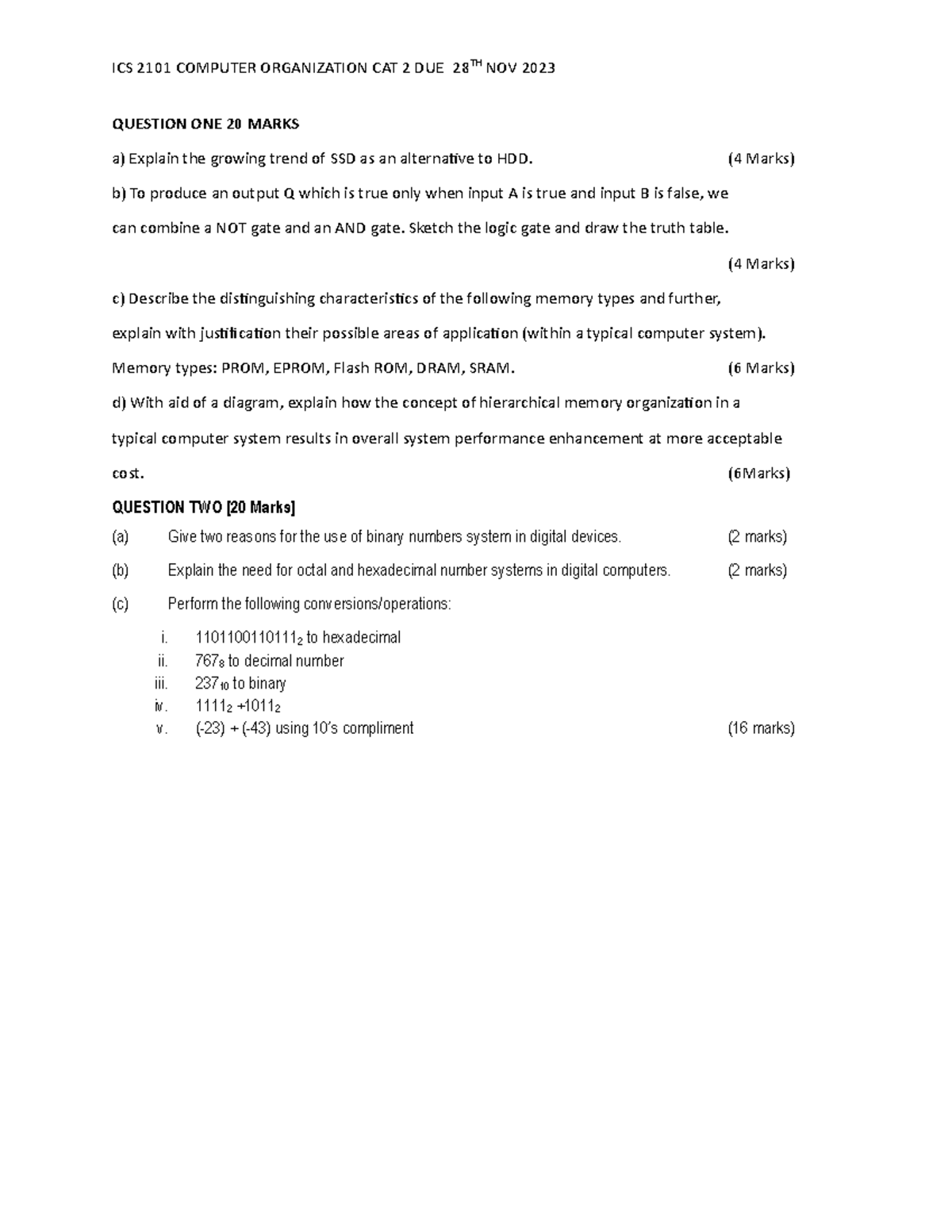 ICS 2101 CAT 2 CAT ICS 2101 COMPUTER ORGANIZATION CAT 2 DUE 28 TH