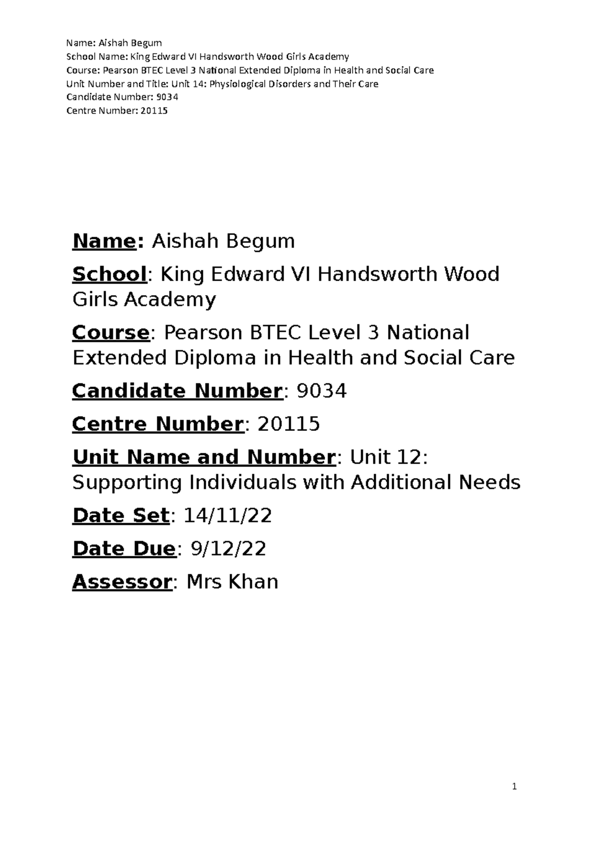 Unit 12 Task 2 excellent School Name King Edward VI Handsworth