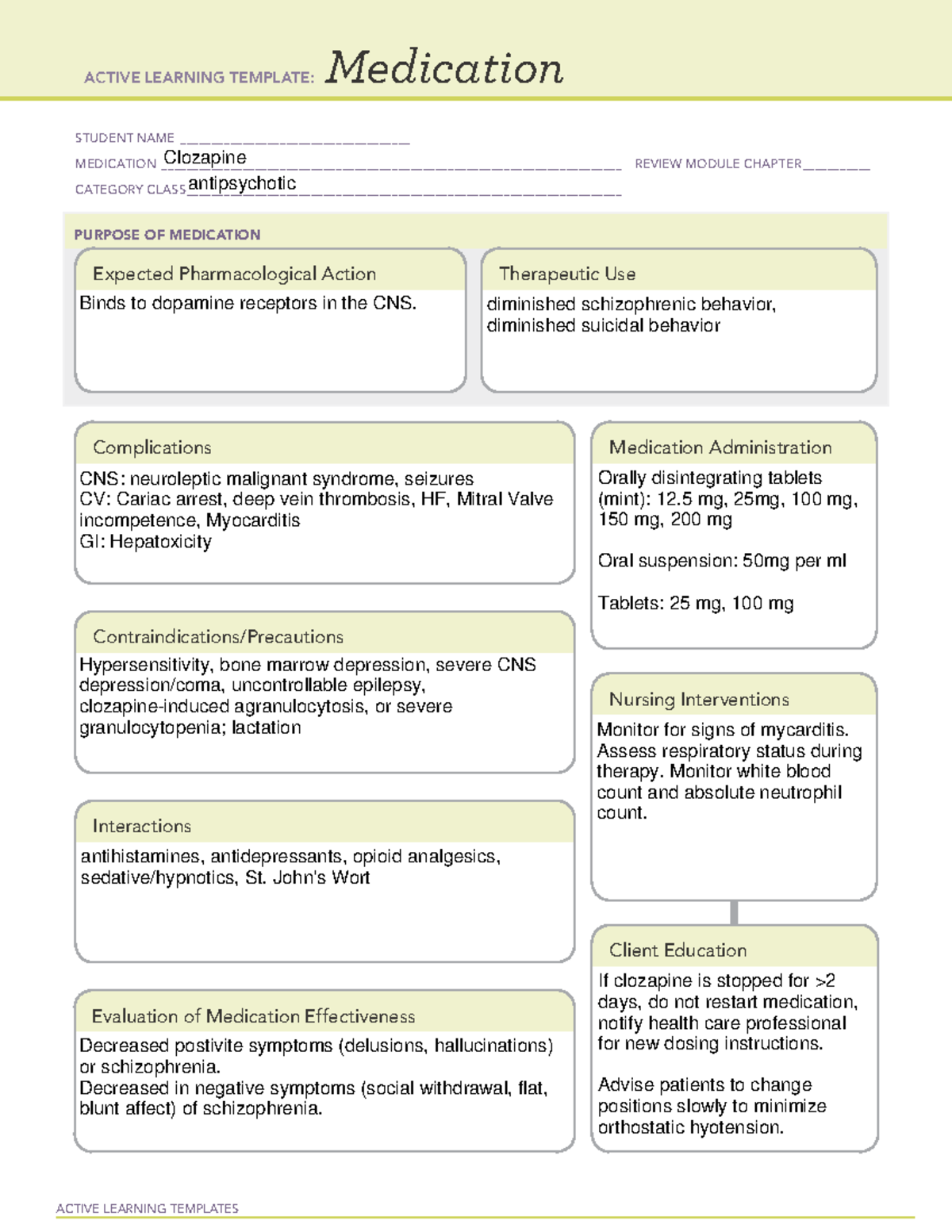 Clozapine - pharm - ACTIVE LEARNING TEMPLATES Medication STUDENT NAME ...