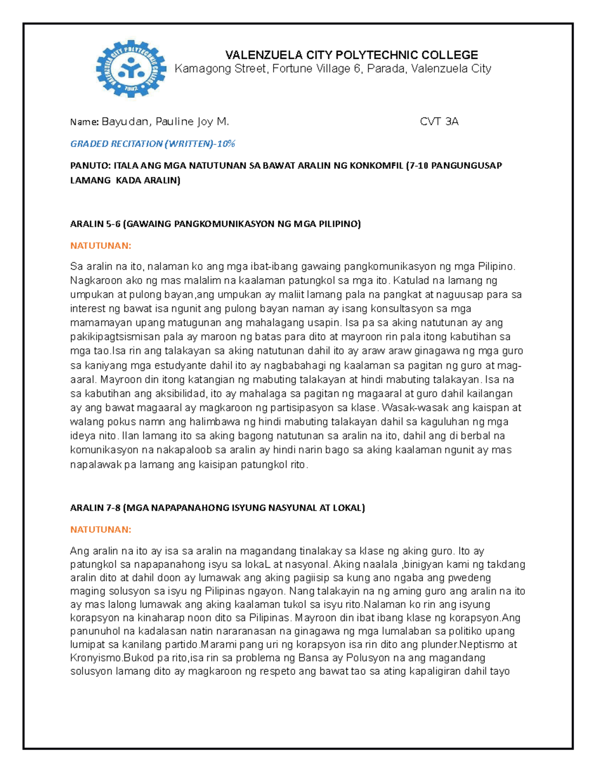 Recitation ABOUT COOKERY VALENZUELA CITY POLYTECHNIC COLLEGE