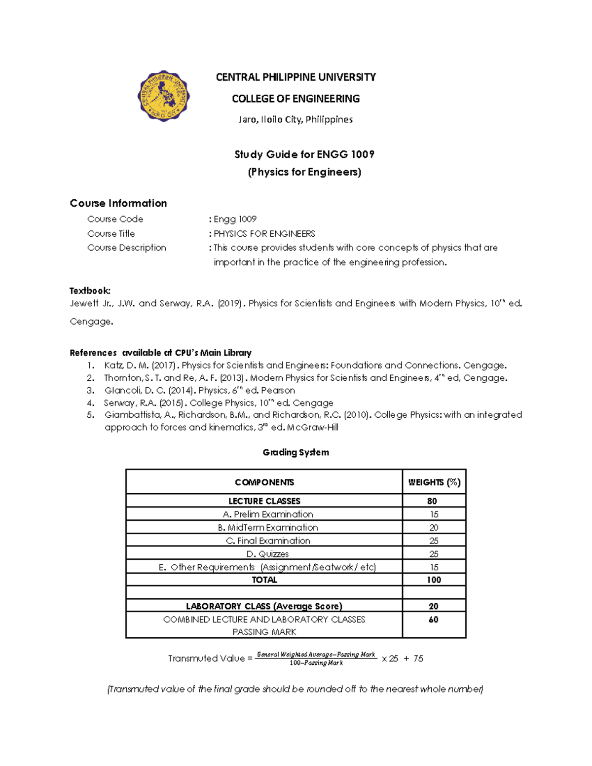 Study Guide - Physics For Engineers - CENTRAL PHILIPPINE UNIVERSITY ...