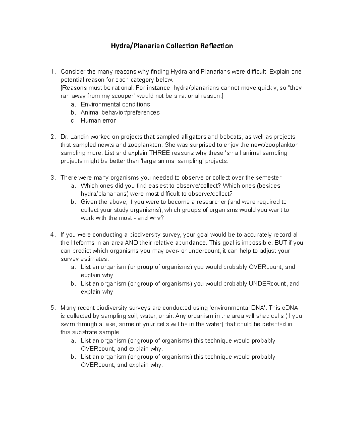 Hydra Planarian Collection Reflection - Hydra/Planarian Collection ...