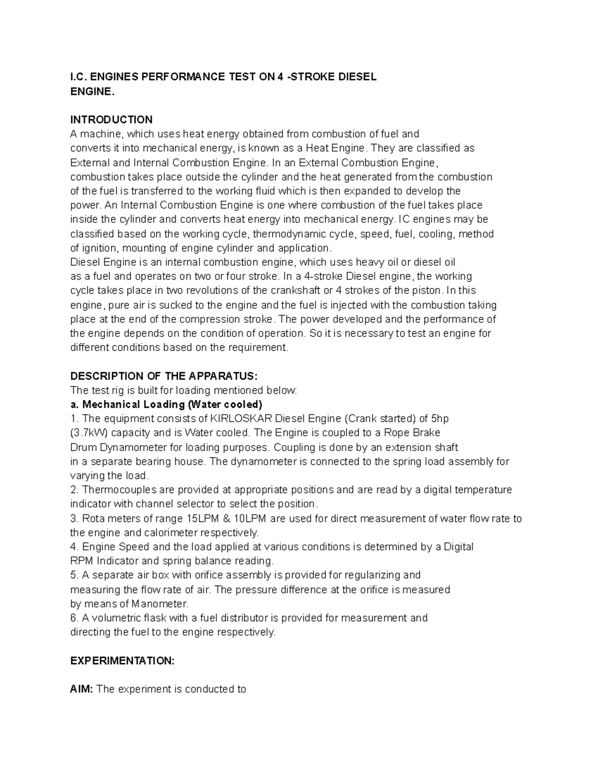 I.C. Engines Performance TEST ON 4 - Stroke Diesel Engine - I. ENGINES ...