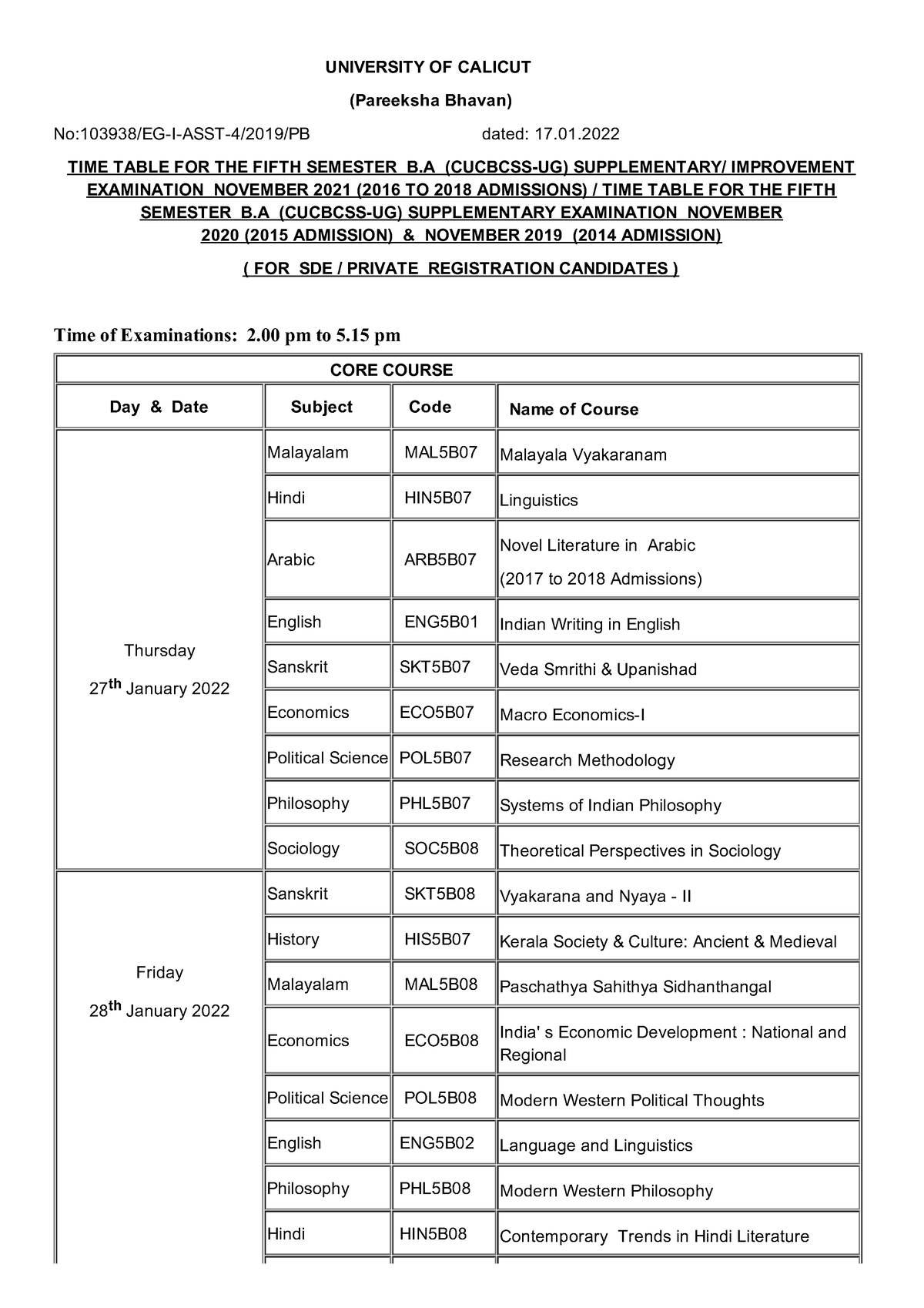 V SEM BA - UNIVERSITY OF CALICUT (Pareeksha Bhavan) No:103938/EG-I-ASST ...