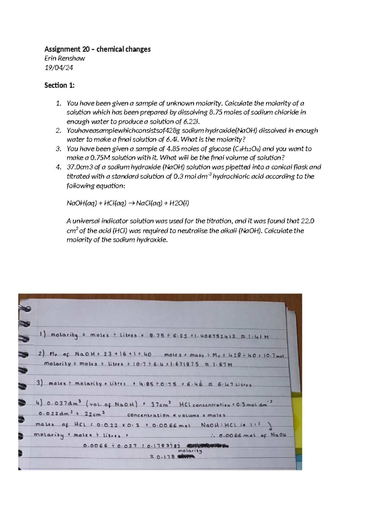 Assignment 20 - chemical changes, questions, answers, diagrams - learn ...