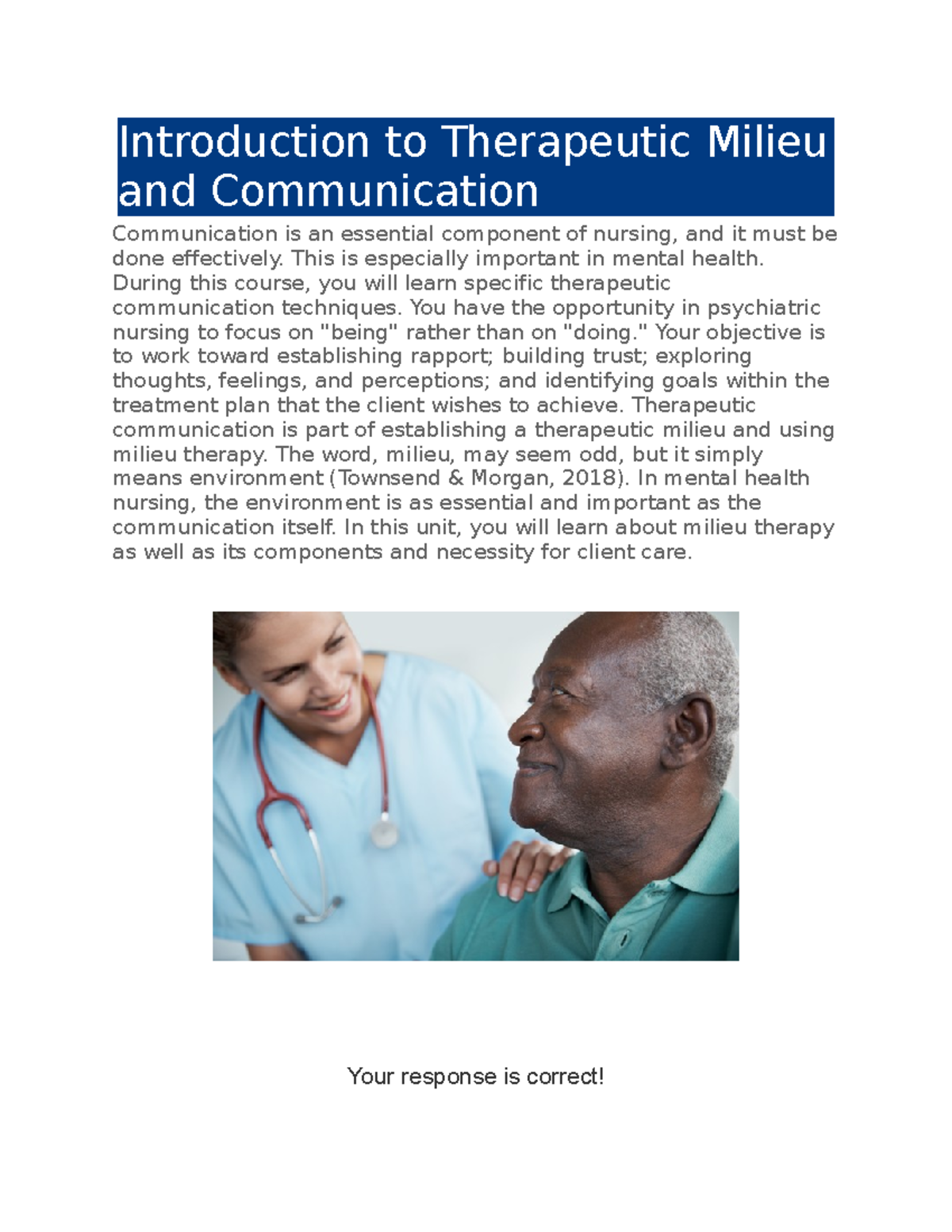 Introduction to Therapeutic Milieu and Communication Introduction to
