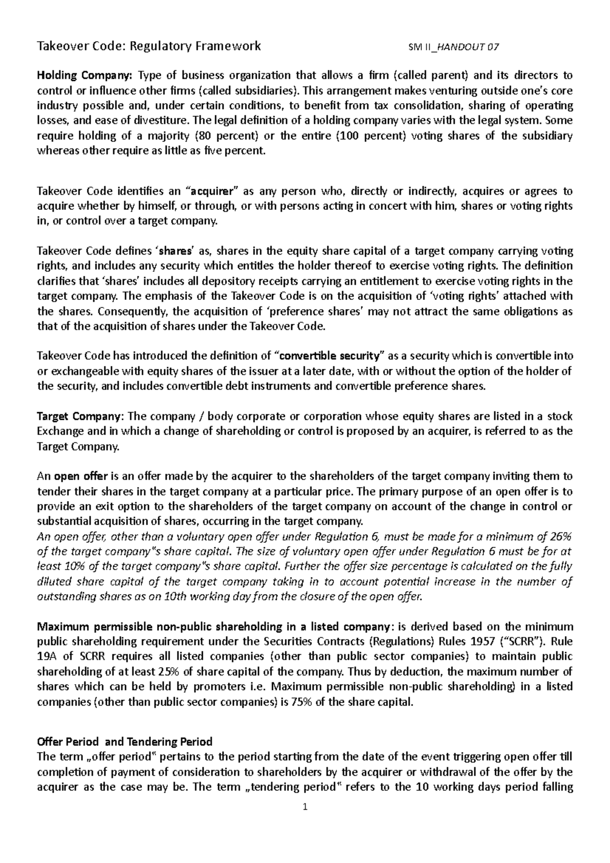 SM II- Handout 07-Takeover Code-Regulatory Framework - Holding Company ...