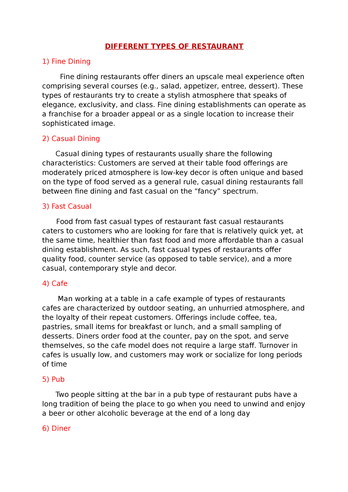 different types of restaurant essay