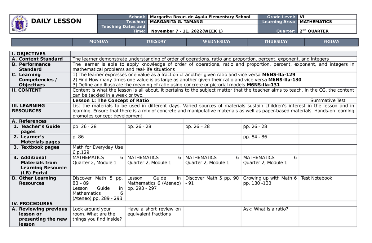 DLL MATH 6 Q2 W1 - DAILY LESSON LOG - DAILY LESSON LOG School ...