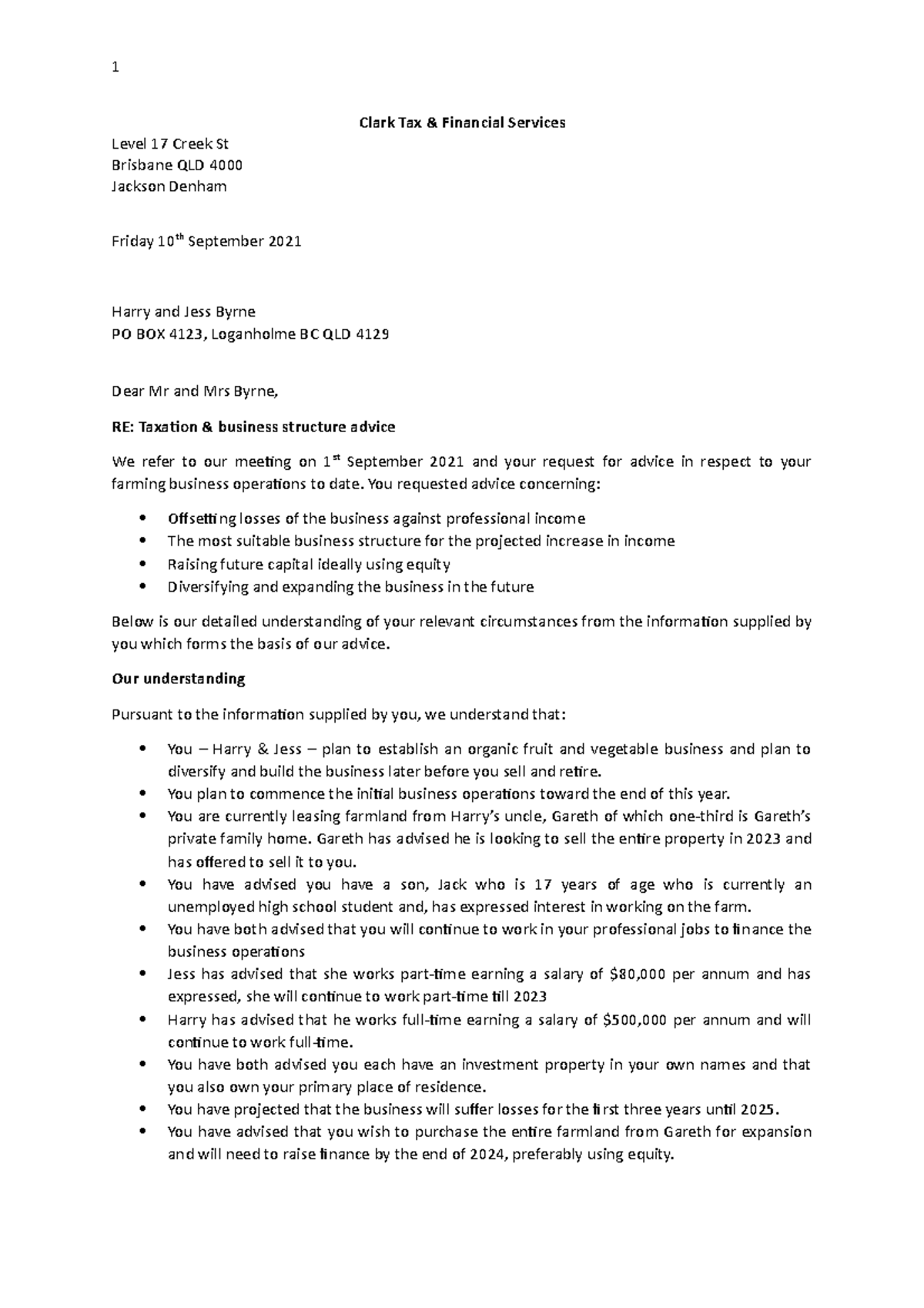 BLA and File note Jackson Denham s5146271 - Clark Tax & Financial ...
