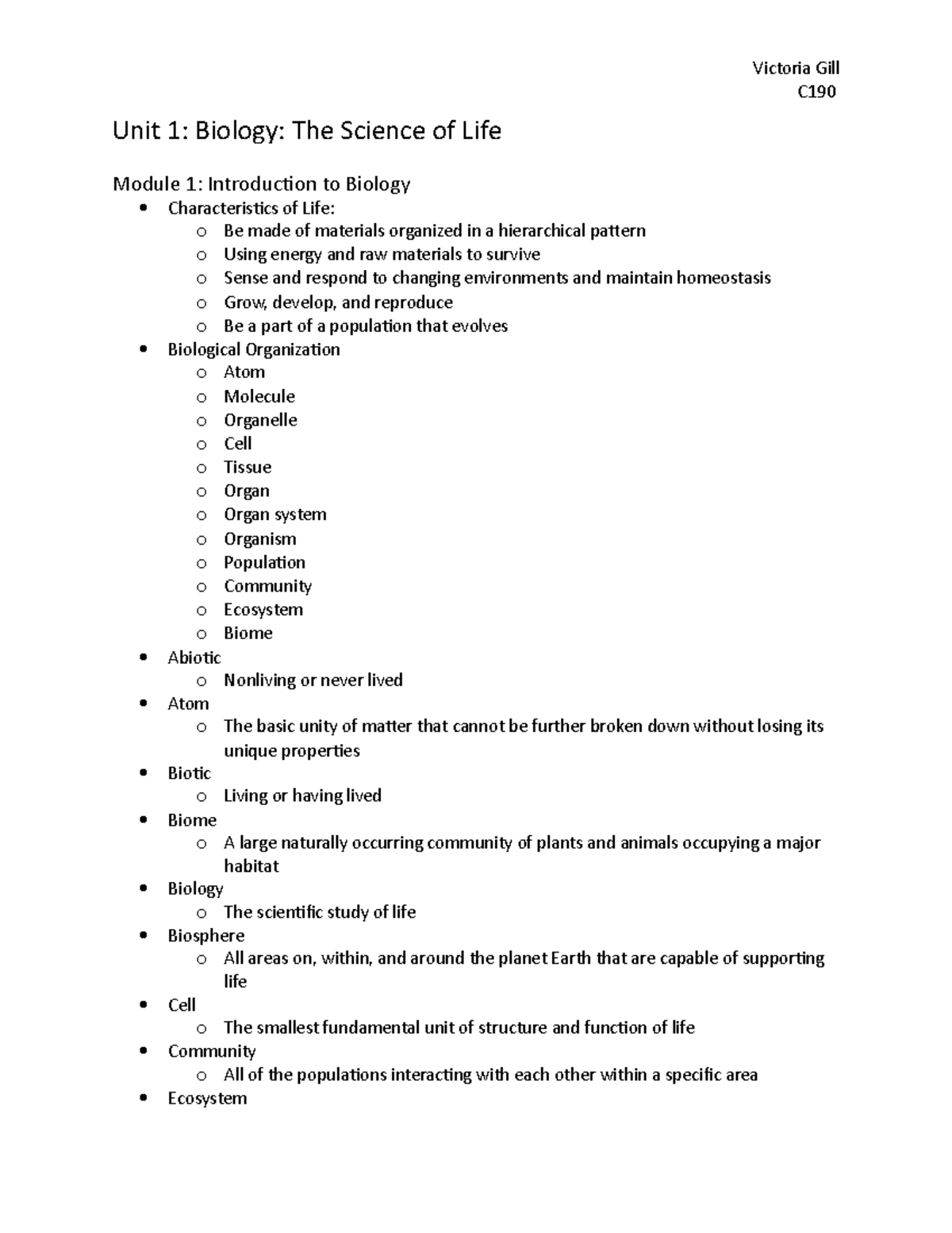 C190 Notes - C Unit 1: Biology: The Science Of Life Module 1 ...