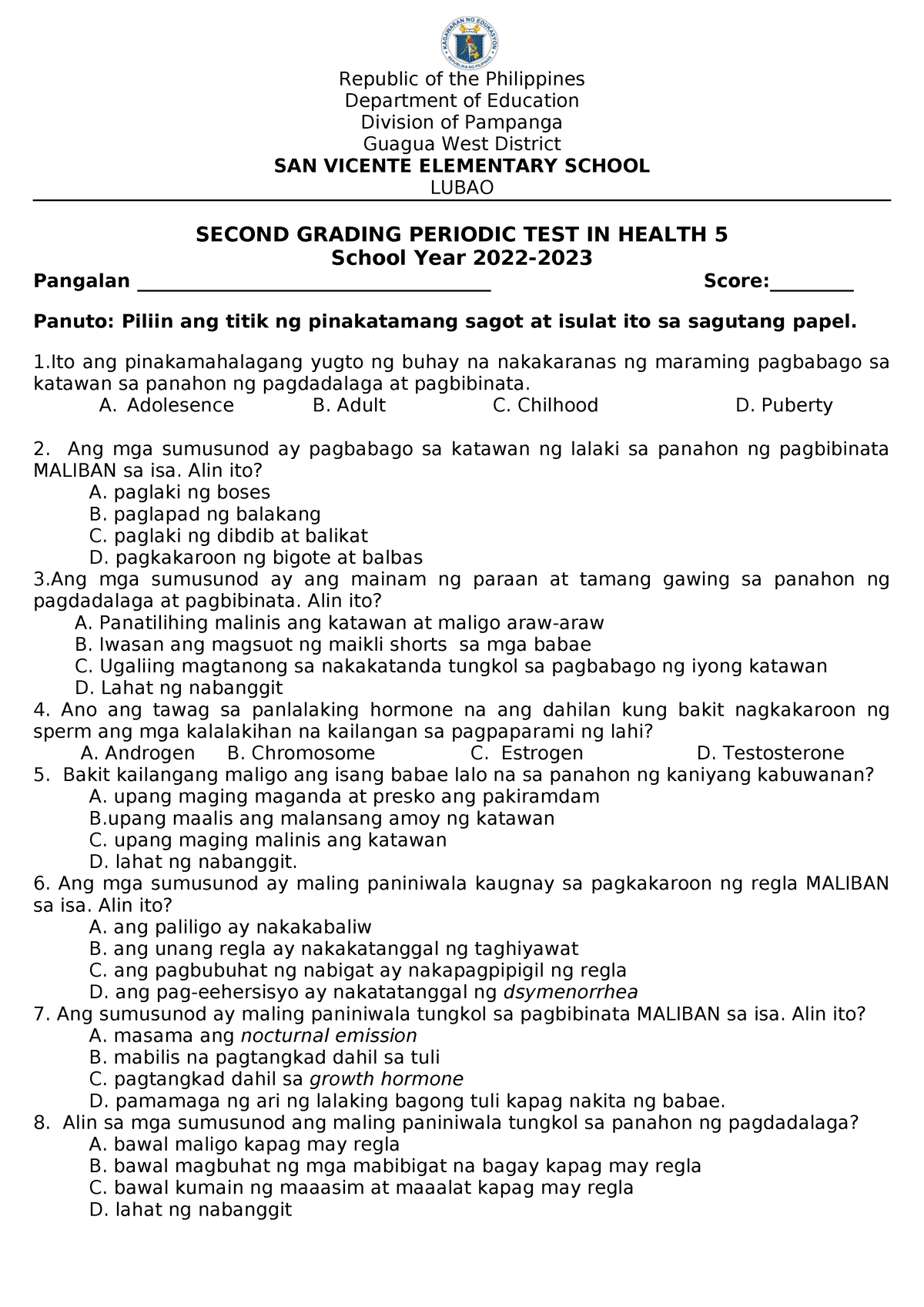 Mapeh Health 2nd Pt Lesson Plan Republic Of The Philippines Department Of Education Division 8462