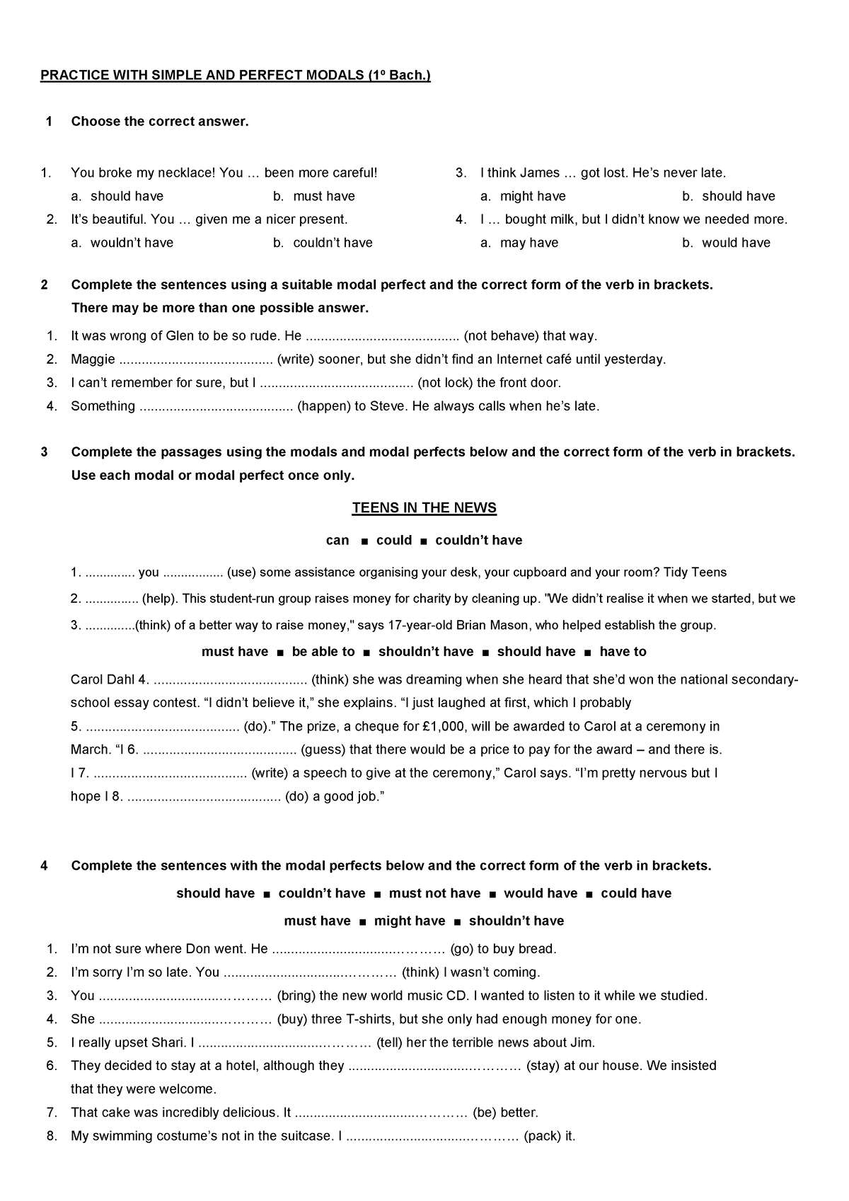 13.- Practice with modals - PRACTICE WITH SIMPLE AND PERFECT MODALS (1º ...