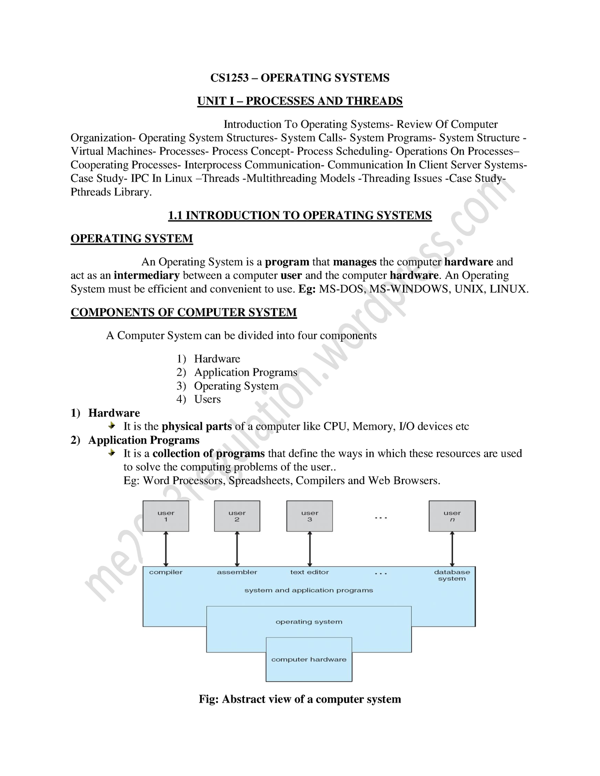 Os Unit 1 - CS1253 – OPERATING SYSTEMS UNIT I – PROCESSES AND THREADS ...