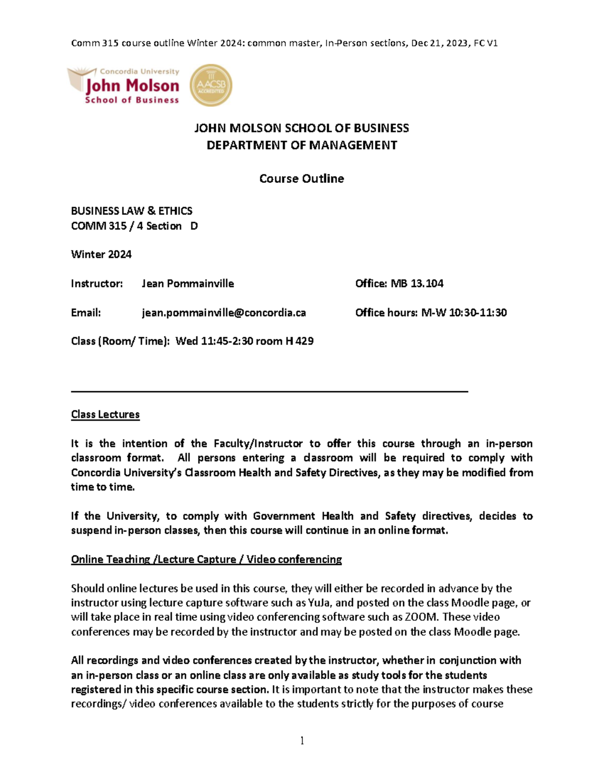COMM 315 Winter 2024 - JOHN MOLSON SCHOOL OF BUSINESS DEPARTMENT OF ...