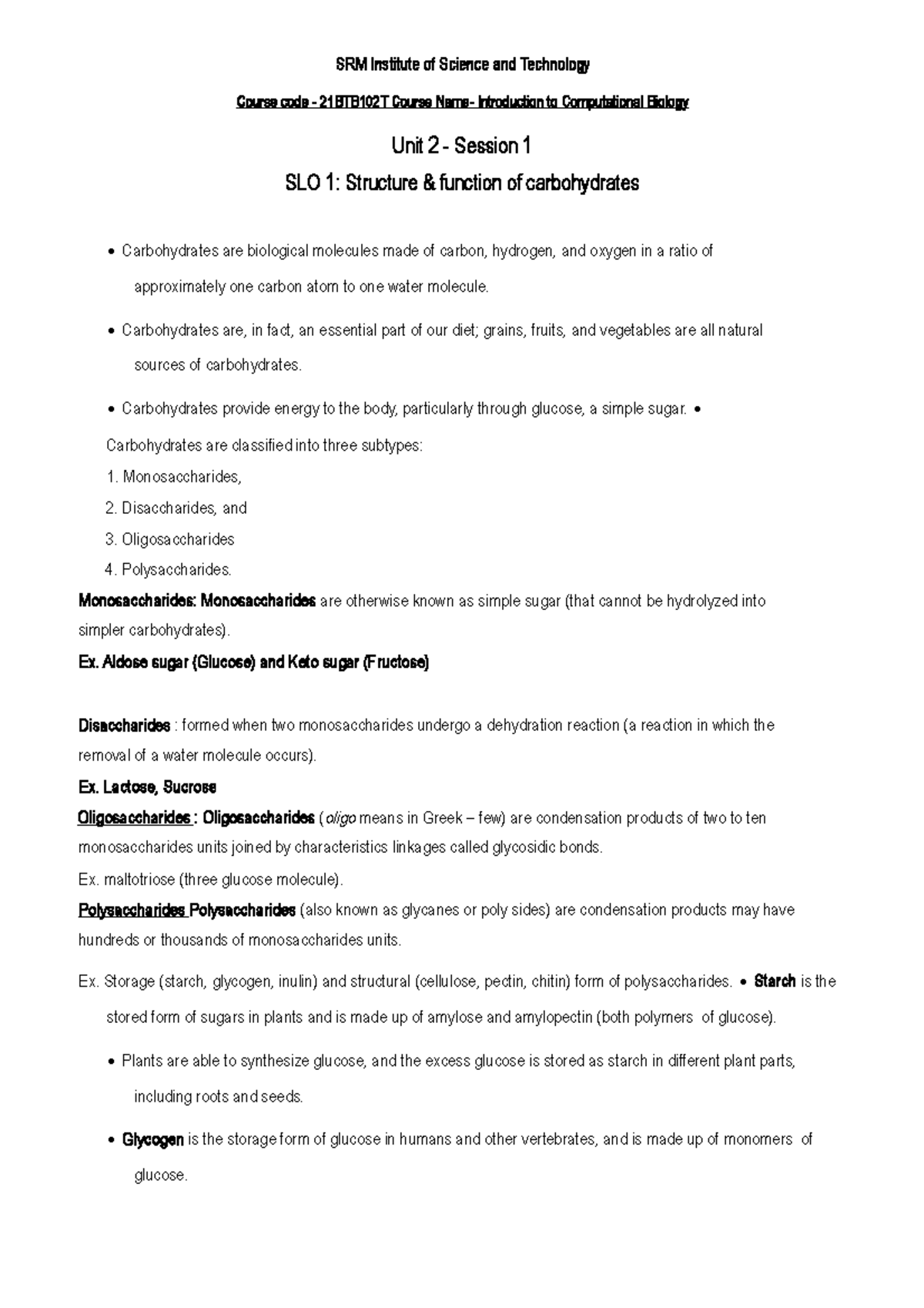 Notes introduction to computational biology 21btb102t unit 2 srm