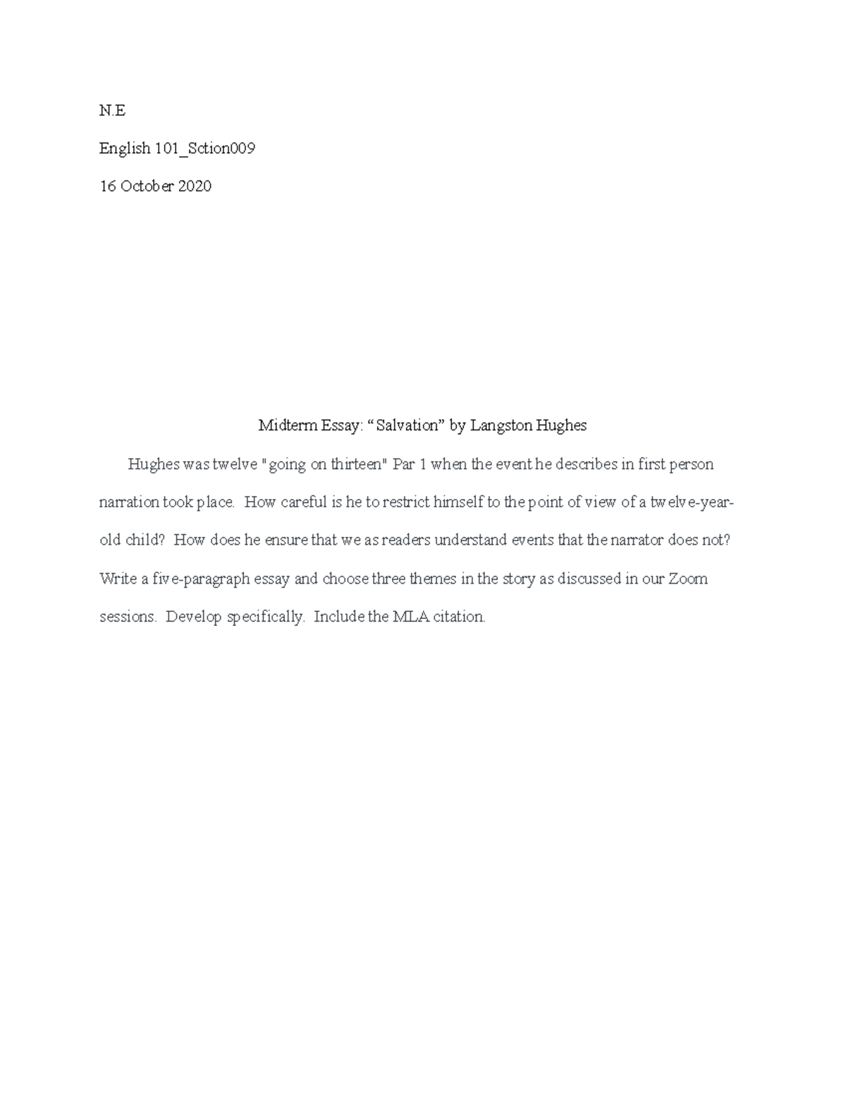 Essay Salvation By Langston Hughes Eng 101 College Composition I Studocu