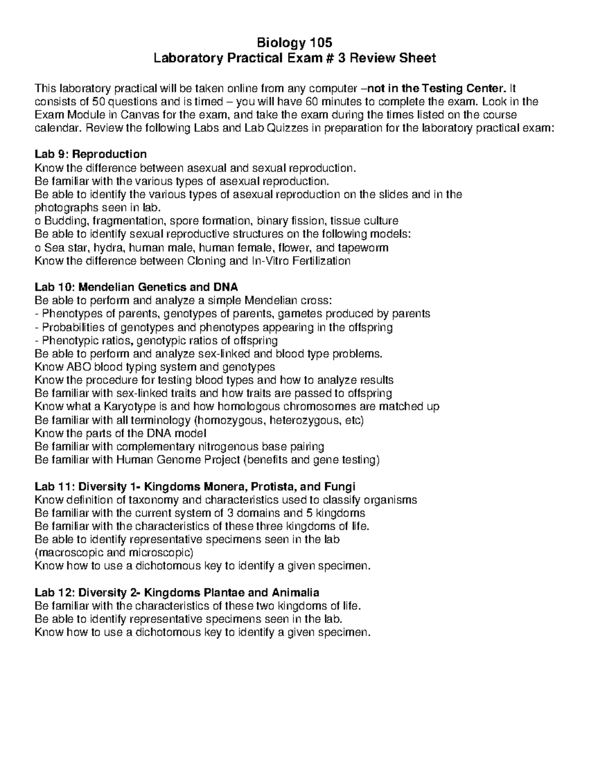 Laboratory practical #3 review sheet - Biology 105 Laboratory Practical ...