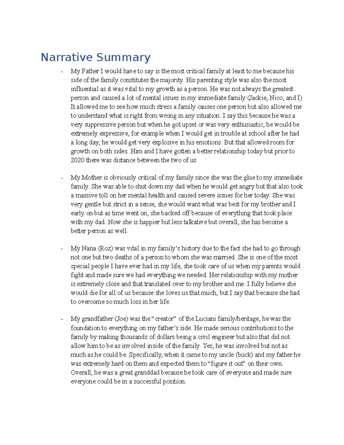 Genogram Summary and Hypothesis - Narrative Summary - My Father I would ...