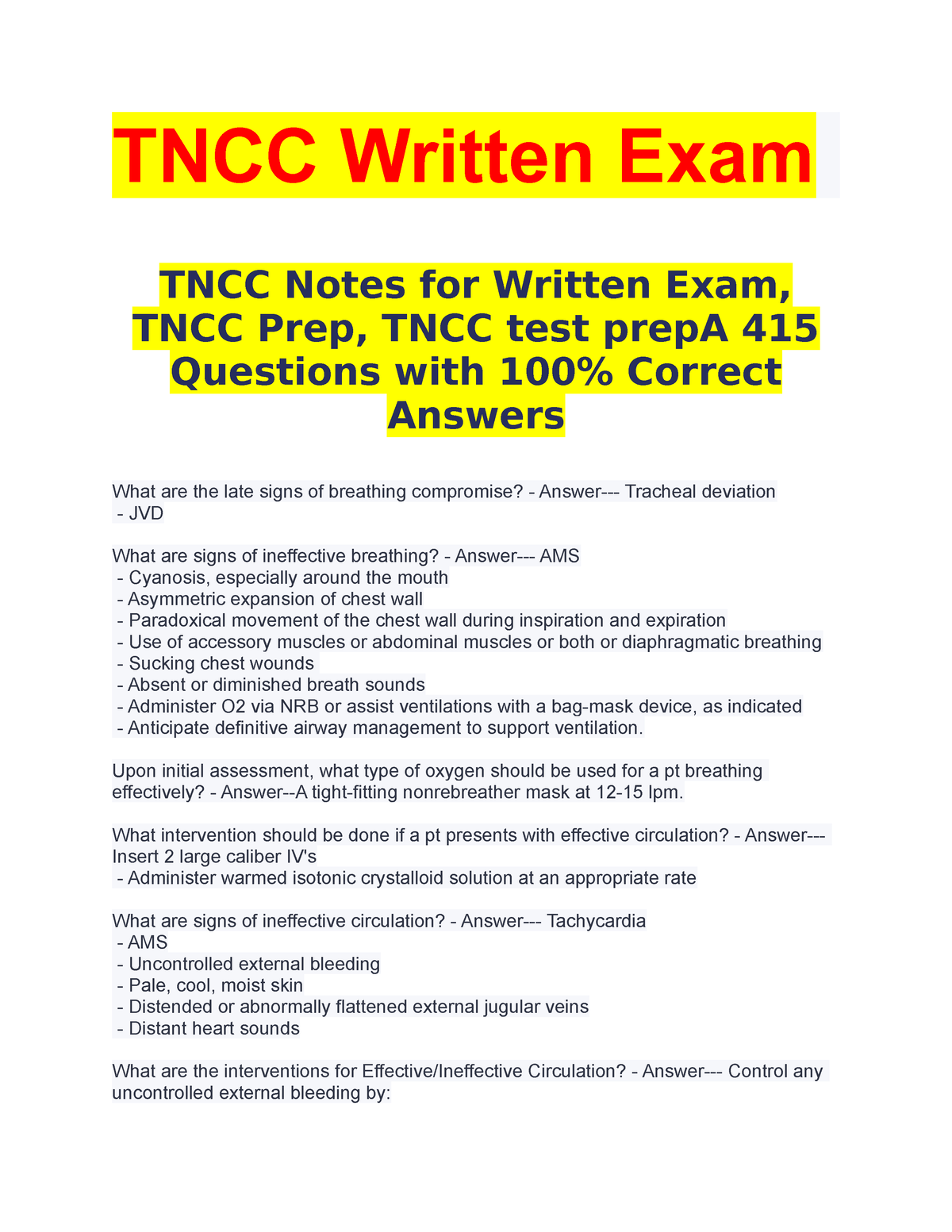 TNCC Written Exam Exams with their 100 correct answers TNCC