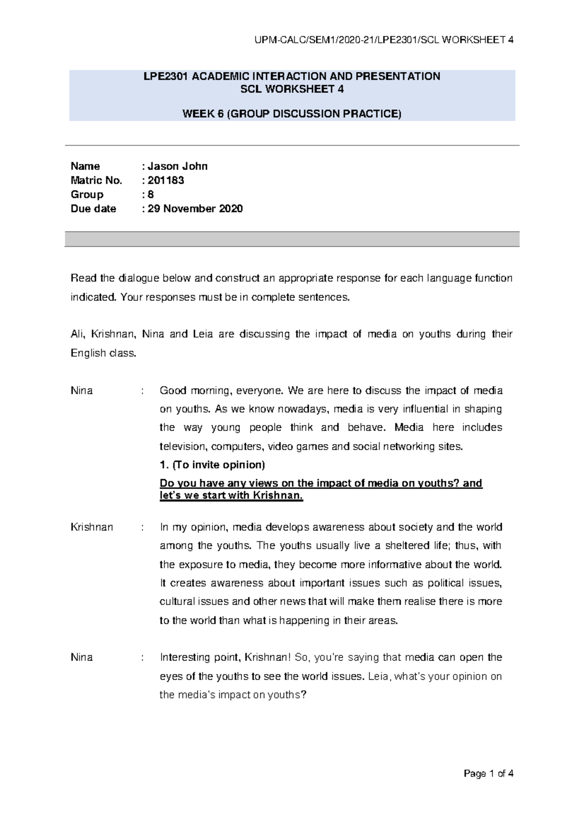 LPE2301 SCL Worksheet 4 SEM1 - LPE2301 ACADEMIC INTERACTION AND ...