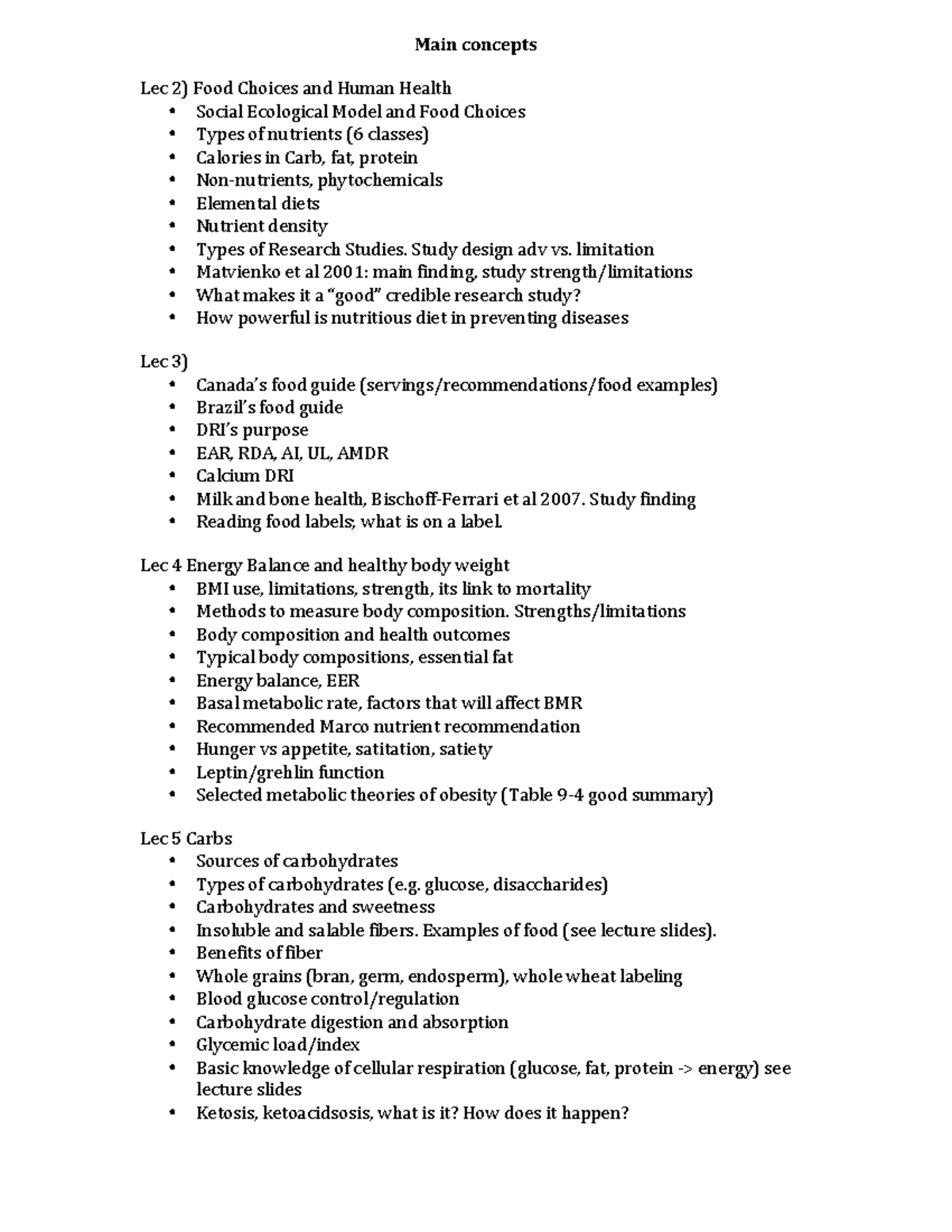 EPHE155 - Midterm Exam Outline - Main concepts Lec 2) Food Choices and ...