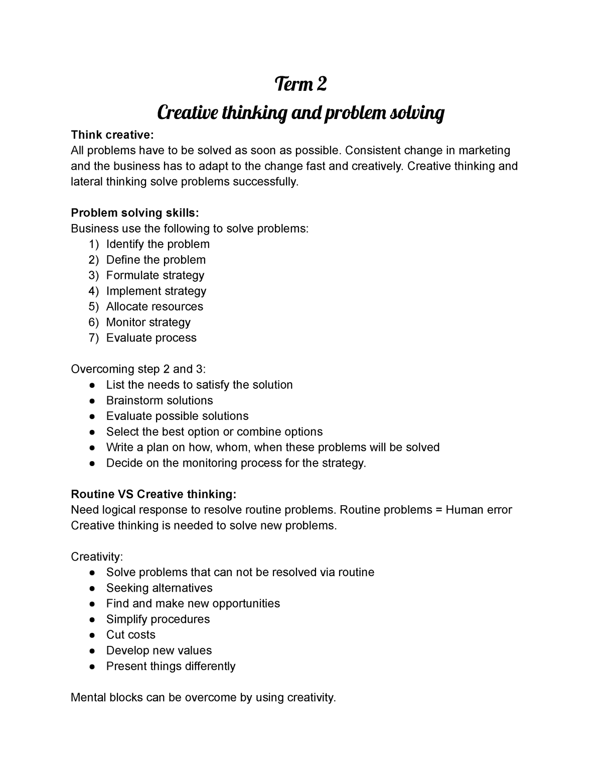 creative thinking and problem solving grade 11 notes pdf