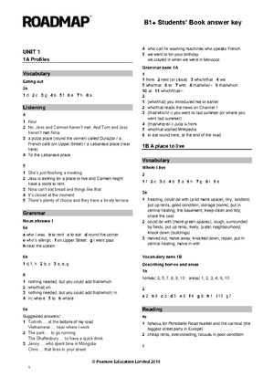 Roadmap B1 Workbook Key - ANSWER KEY UNIT 1 1 A 1 1 Do 2 Taking 3 Run 4 ...