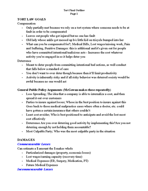 Torts Attack Sheet - A list of all legal issues that may be presented ...