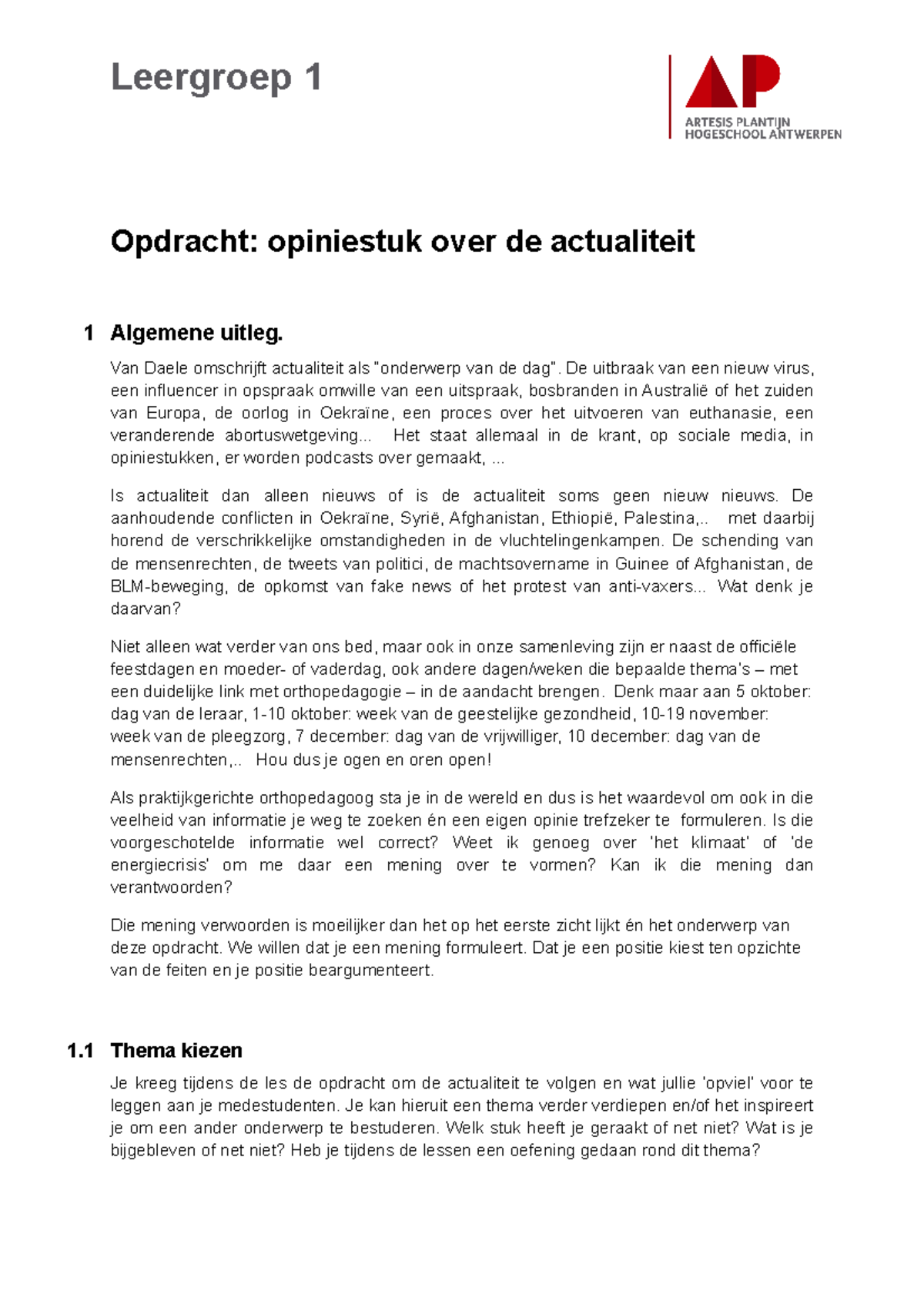 2324 Opdracht Actualiteit Leergroep 1 Opdracht Opiniestuk Over De