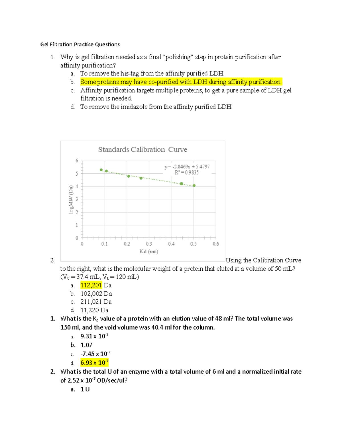Gel Filtration Practice Questions Answers Gel Filtration Practice