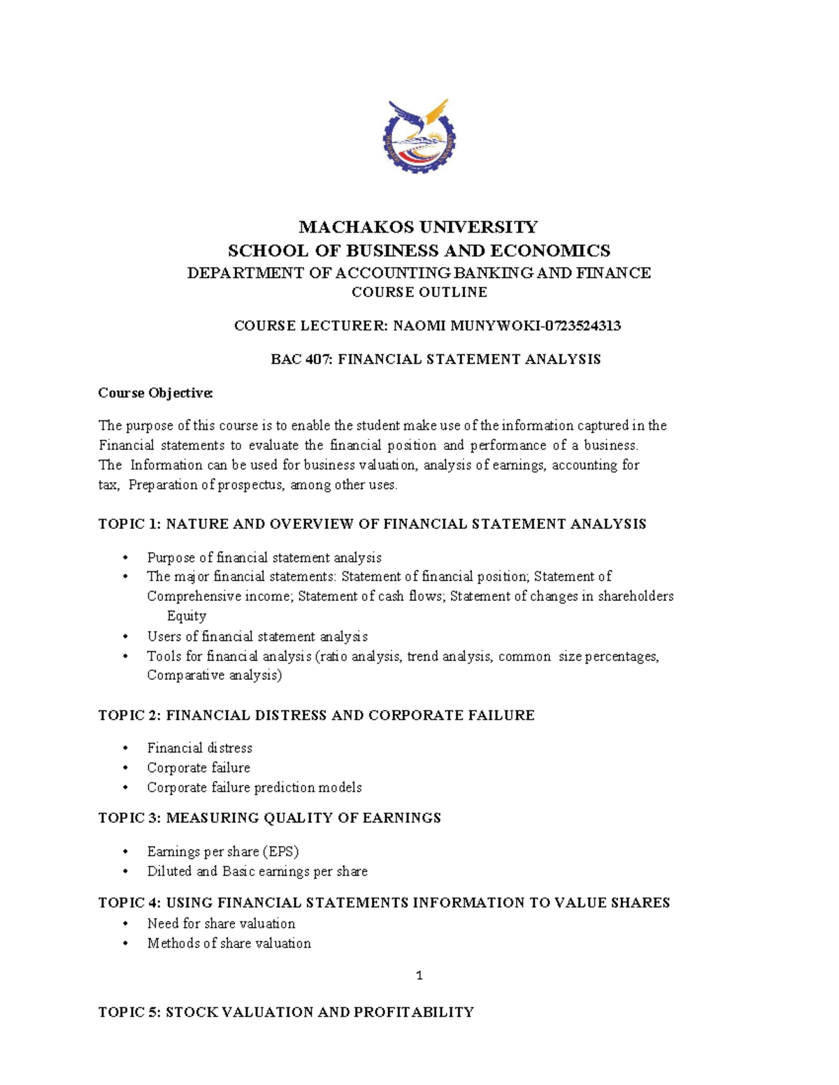 BAC 407 Course outline 2 - MACHAKOS UNIVERSITY SCHOOL OF BUSINESS AND ...