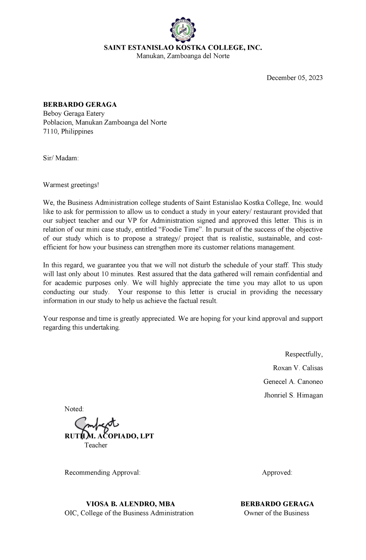 CASE Study Letter - SAINT ESTANISLAO KOSTKA COLLEGE, INC. Manukan ...