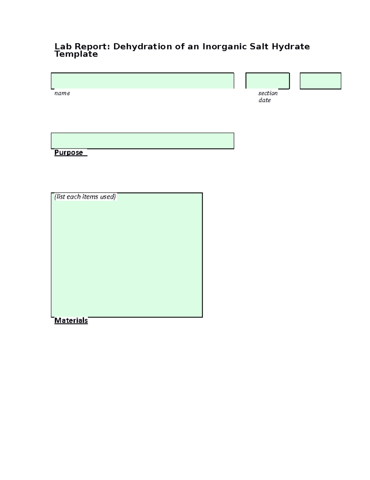 Lab Report Dehydration of an Salt Hydrate Template Lab