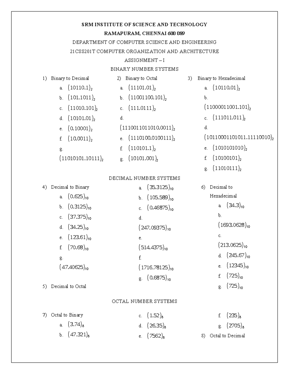 COA Assignment 1 - jjjj - SRM INSTITUTE OF SCIENCE AND TECHNOLOGY ...