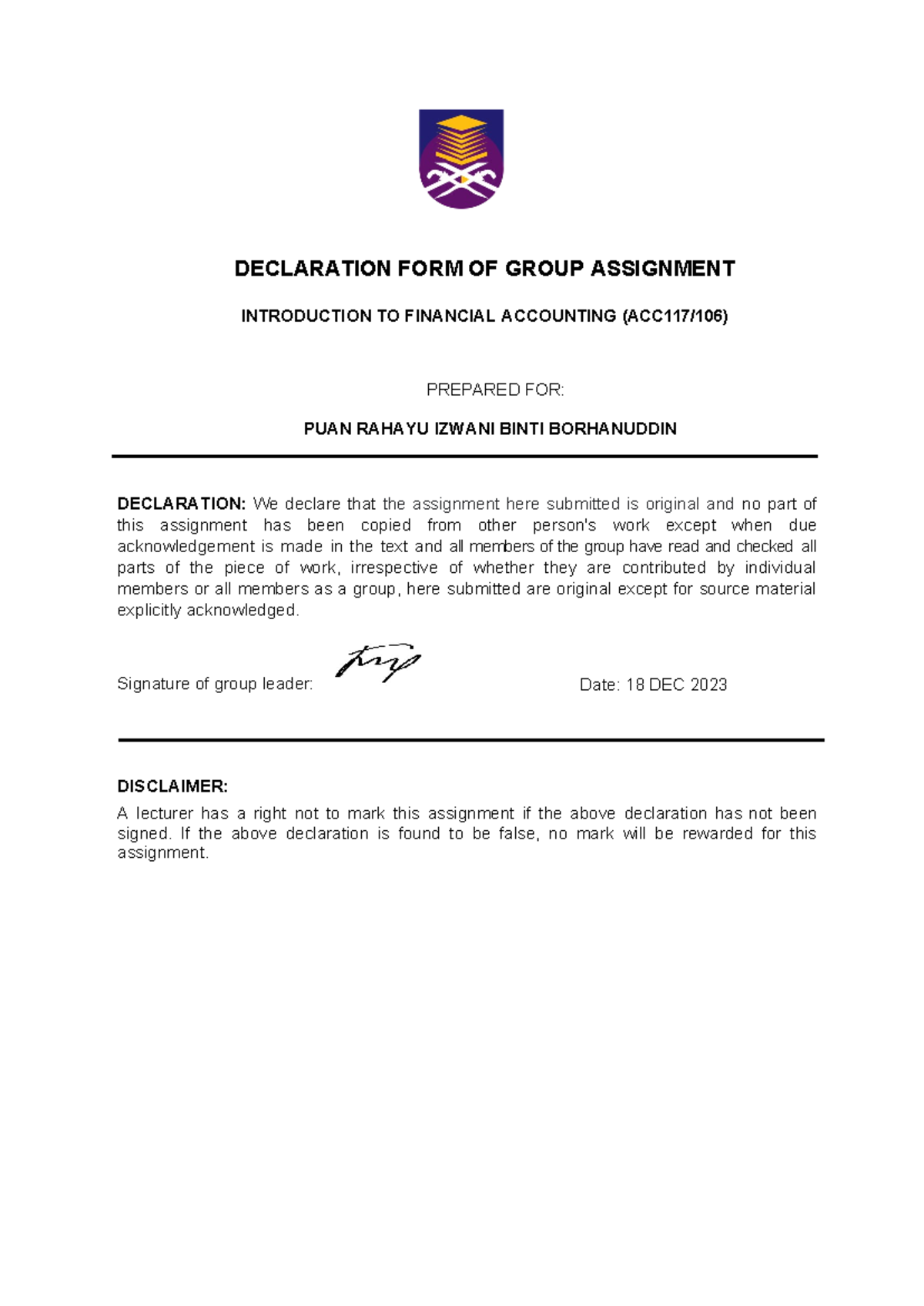 ACC 117 Group Project - DECLARATION FORM OF GROUP ASSIGNMENT ...