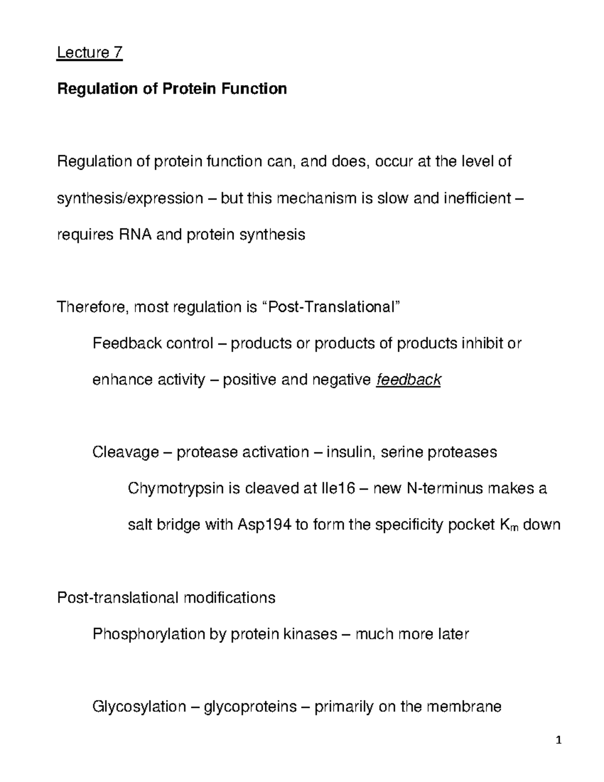 Lecture 7Regulation of Protein Function Notes Lecture 7 Regulation