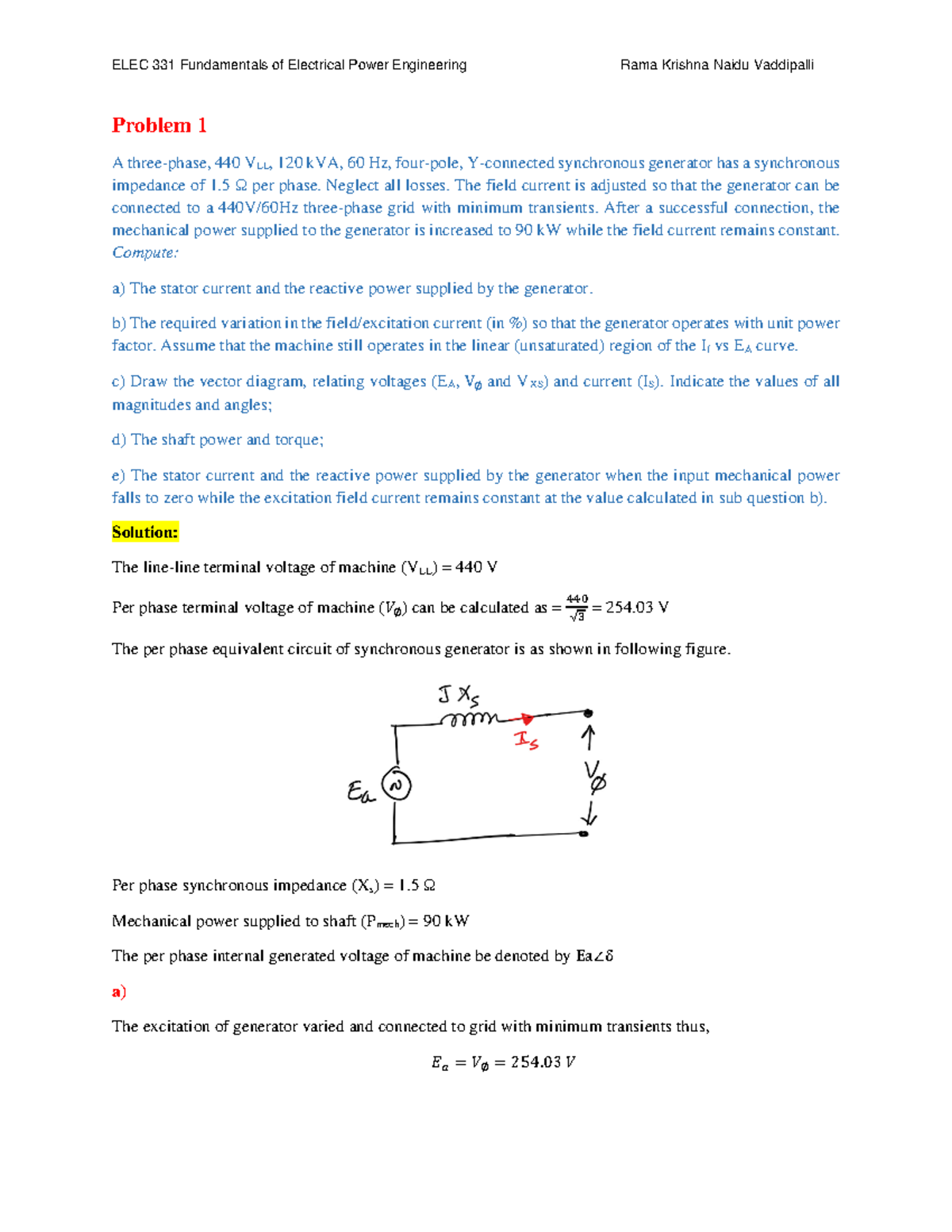 Solution Assignment Problem A Three Phase Vll Kva Hz Four Pole Y Connected