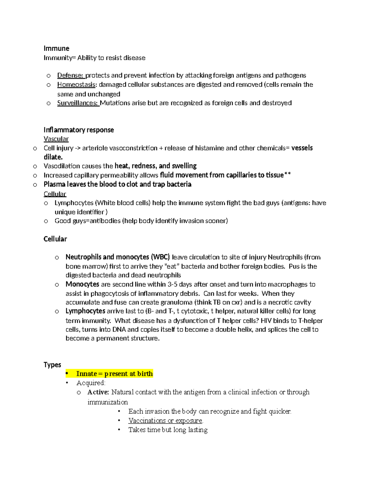 Immune - notes - Immune Immunity= Ability to resist disease o Defense ...