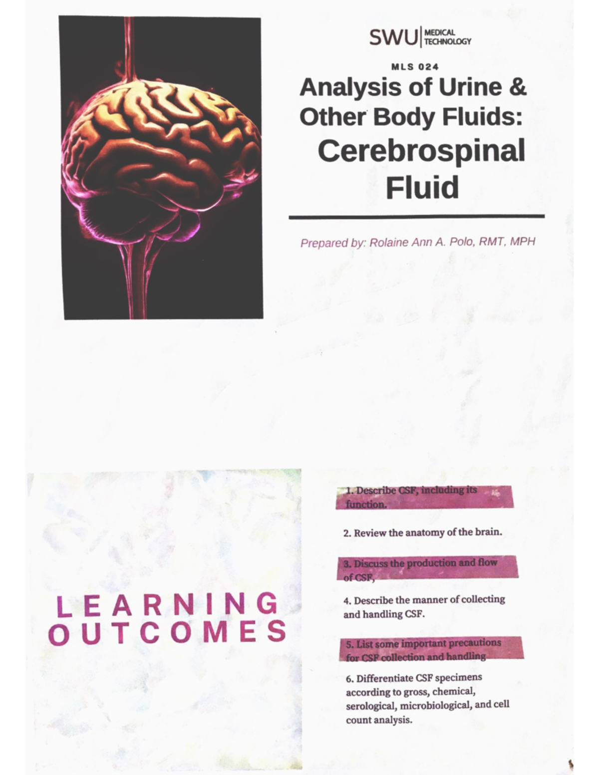 Cerebrospinal-Fluid - SWU MEDICAL TECHNOLOGY MLS 024 Analysis of Urine ...