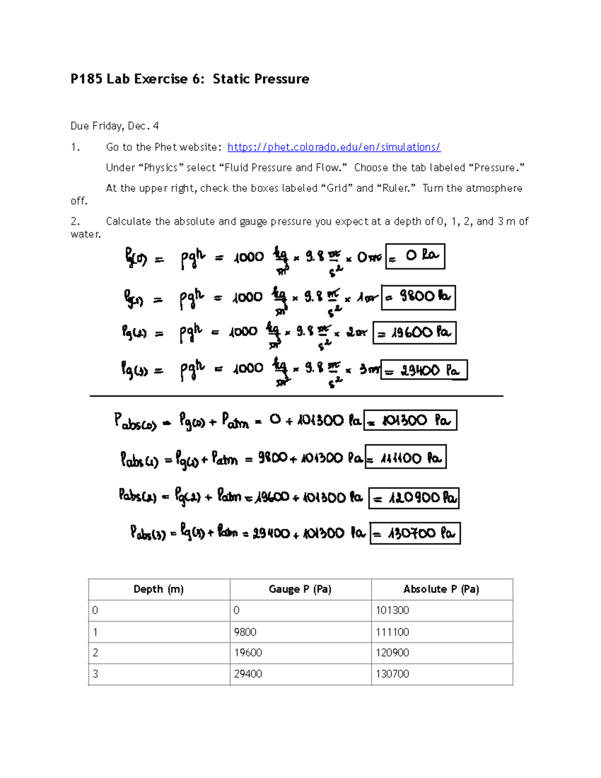 PHYS185 Lab 6+7 - P185 Lab Exercise 6: Static Pressure Due Friday, Dec ...