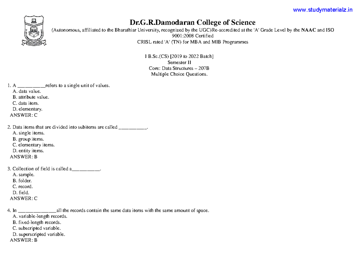 Data Structures multiple choice question - Dr.G.R College of Science ...