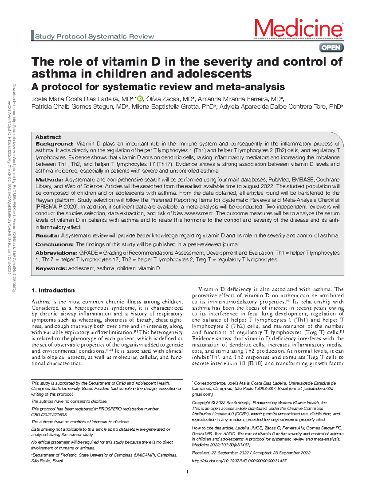 The role of vitamin d in the severity and control - Study Protocol ...
