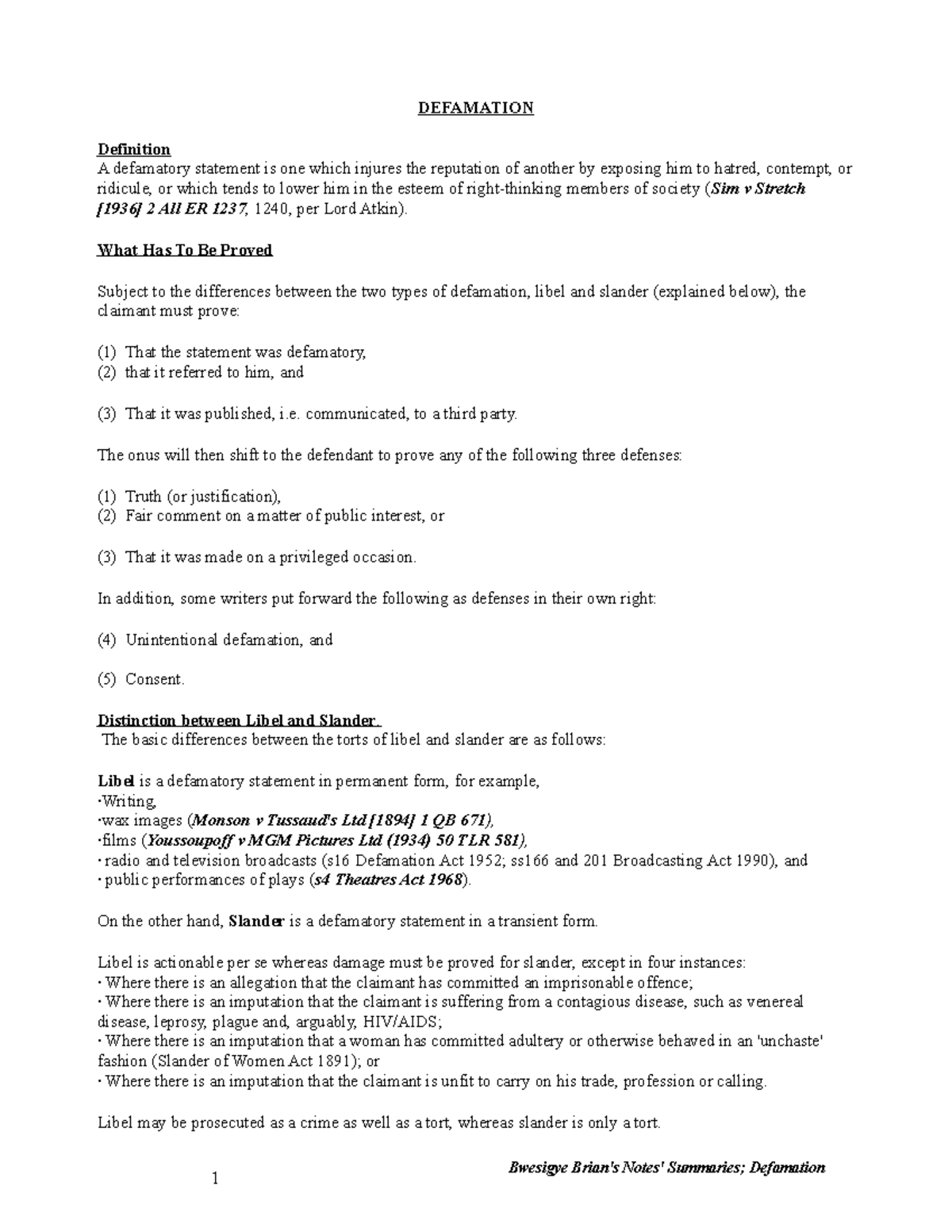 Defamation notes summaries DEFAMATION Definition A defamatory