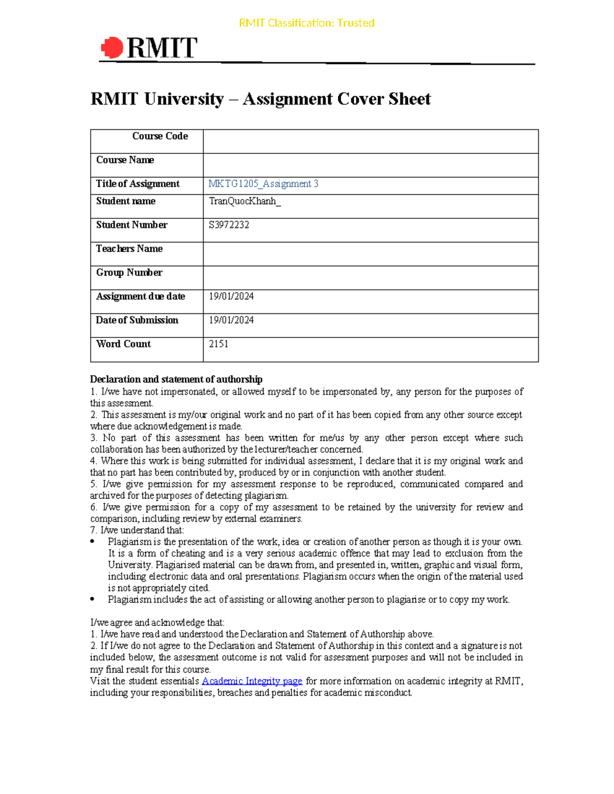 MKTG1205 Assignment 3 Tran Quoc Khanh S3972232 RMIT University Assignment Cover Sheet Course