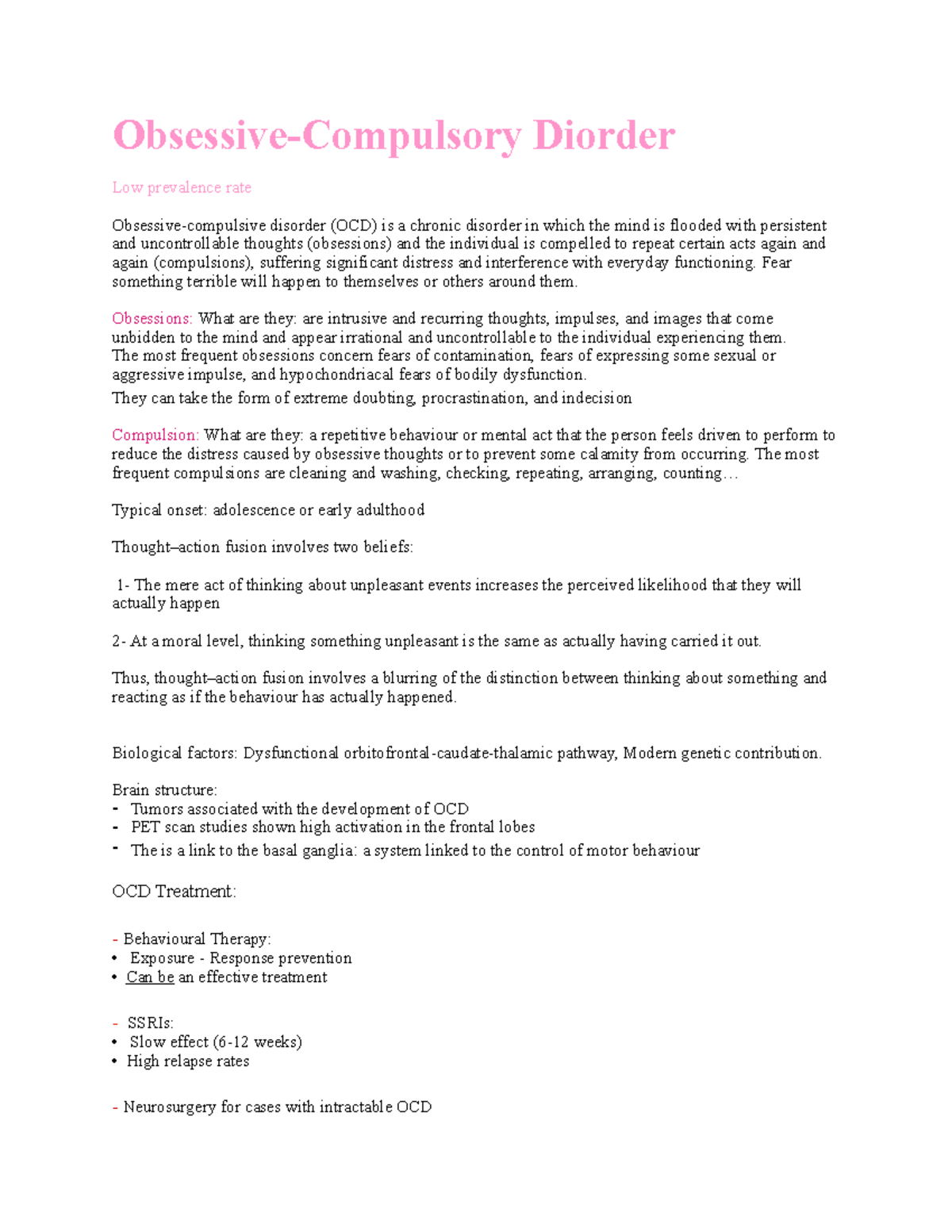 PSYC 340 OCD lecture notes for exam - Obsessive-Compulsory Diorder Low ...