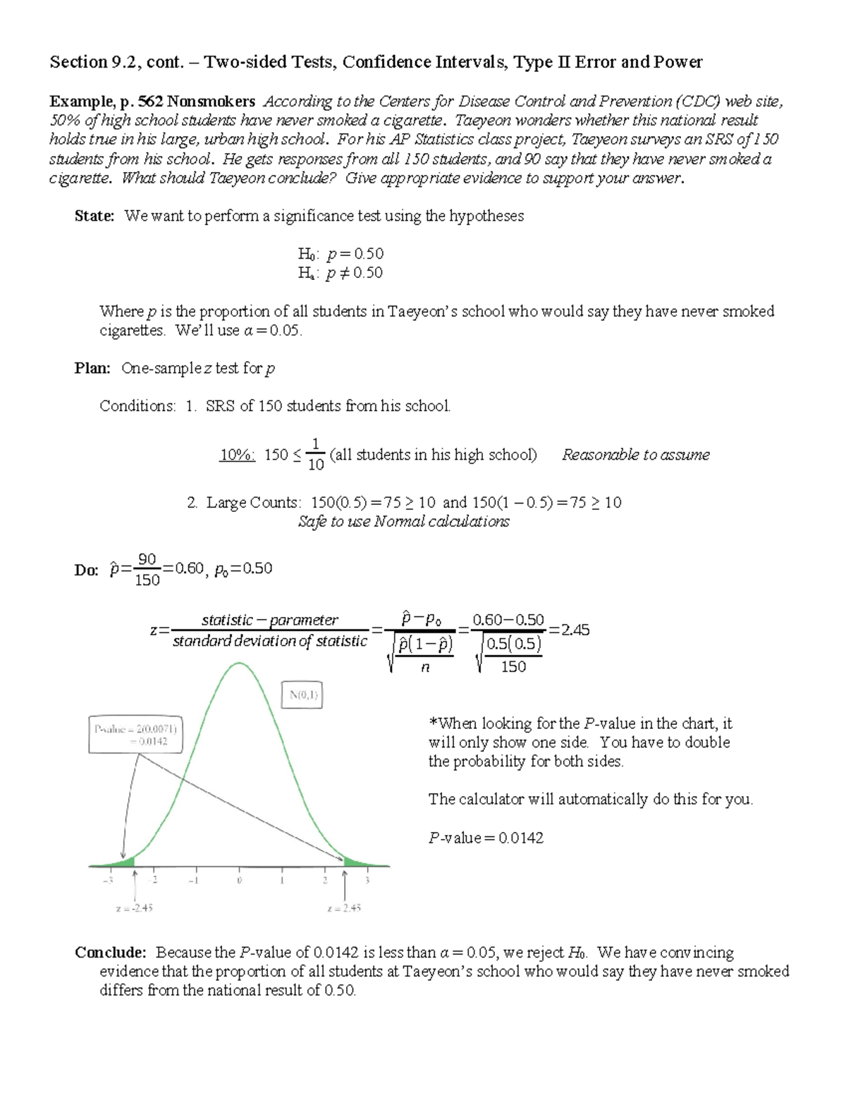 9.2 Two-sided Tests - asadjasdiaidjwd - Section 9, cont. – Two-sided ...