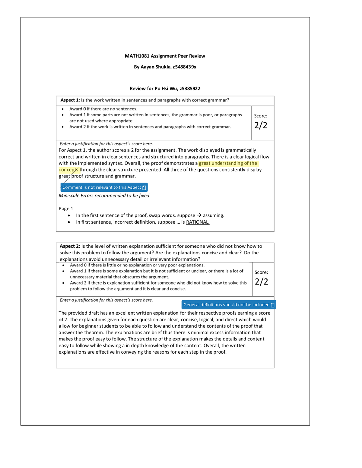 Po-Hsi Wu - review from peer - MATH1081 - UNSW Sydney - Studocu